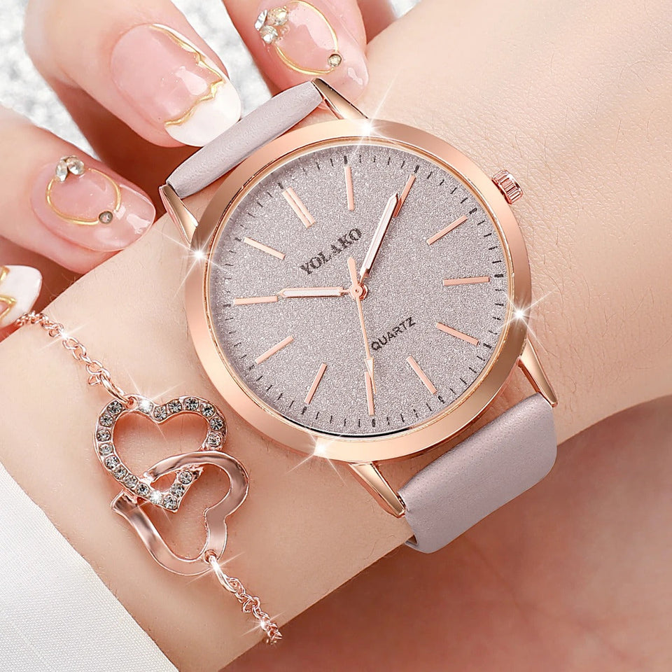 6pcs/set Women Leather Band Quartz Watch and Lover